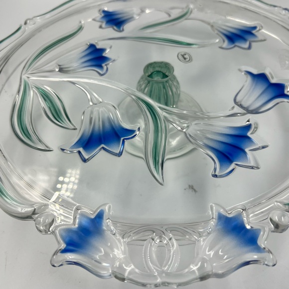 Vintage Studio Silversmiths 13” Pedestal Crystal Cake Plate Floral  Blue Green - Picture 4 of 7